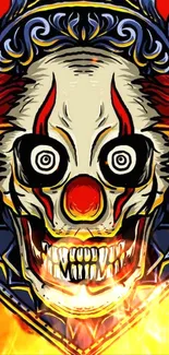 Vibrant clown face art with fiery elements and bold colors.