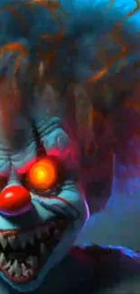 Vibrant horror clown with fiery eyes.