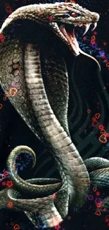 Fierce cobra with open mouth and detailed scales on dark background.