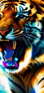 Roaring colorful tiger with vibrant stripes in a digital art design.