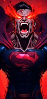 Comic book hero with glowing red eyes, intense and powerful