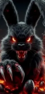 Dark bunny with fiery eyes and claws on a black background.