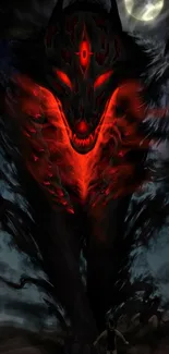 Mystical fiery red-eyed wolf under moonlit sky, stunning mobile wallpaper.