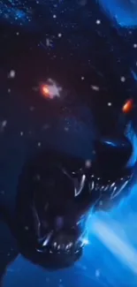 Fierce dark wolf with glowing eyes in a snowy blue aura.