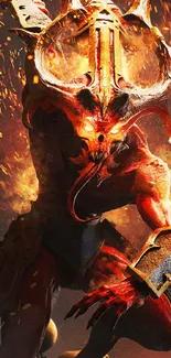 Fiery demon in intense battle scene mobile wallpaper.