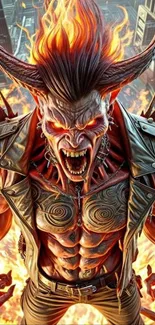 Fierce demon with flames in background art.