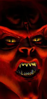 Close-up of a fierce red demon face with glowing eyes.