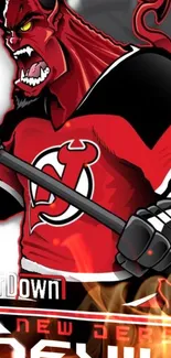 Animated New Jersey Devil in red jersey, holding a hockey stick.