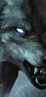 Fierce digital art of a wolf face with glowing blue eyes.