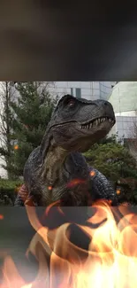 Dinosaur in urban setting with fiery foreground.