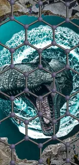 Dinosaur breaking through a geometric grid with dynamic textures.