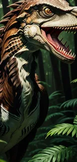 Close-up of a dinosaur in a lush, green jungle with detailed foliage.