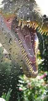 Realistic dinosaur art with rain effect on mobile wallpaper.