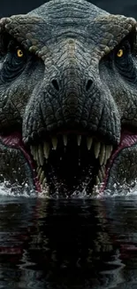 Fearsome dinosaur emerging from water with a roaring expression.