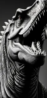 Black and white dinosaur with open mouth in detailed wallpaper design.