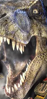 Close-up of a roaring dinosaur with sharp teeth in vivid detail on a phone wallpaper.