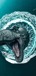 Dinosaur emerging from ocean waves with boat nearby in a dramatic scene.