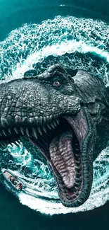 A fierce dinosaur emerging from teal ocean waves in a mobile wallpaper.