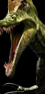 A roaring green dinosaur mobile wallpaper on a black background.