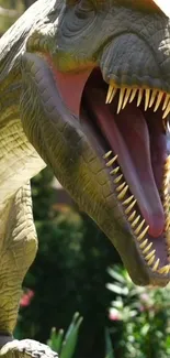 Roaring dinosaur with open mouth and sharp teeth in a natural setting.