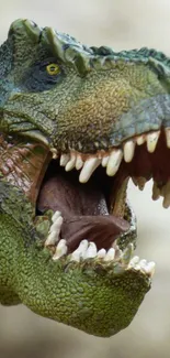 A fierce dinosaur with open mouth and sharp teeth against a neutral background.