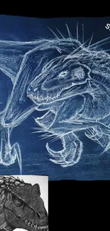 Fierce dinosaur sketch on dark blue background with artistic flair.