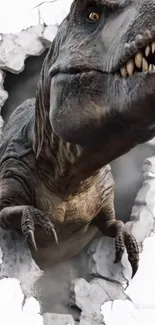 Fierce dinosaur breaking through the wall with realistic detail.