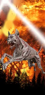 A fierce zombie dog leaps through a fiery backdrop in this dramatic wallpaper.