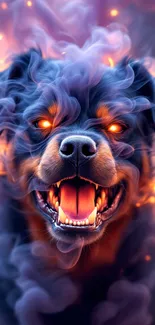 Fierce dog with glowing eyes surrounded by smoke.