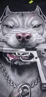 Fierce dog holding gun in jaws, artistic mobile wallpaper.