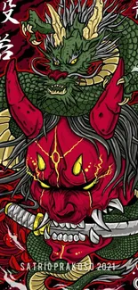 Japanese dragon and oni mask art in vibrant red and green.