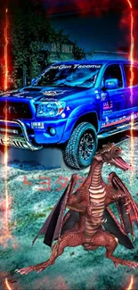 Mobile wallpaper featuring a red dragon and a blue truck with fiery effects.