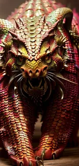 Fierce dragon art with vibrant red scales on a phone wallpaper.