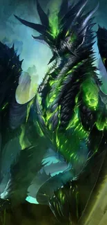 Vibrant dragon artwork with green glow and dark tones.