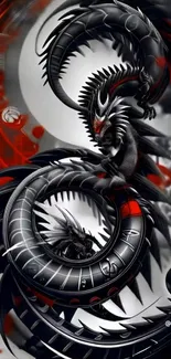 Intricate dragon art with red highlights.