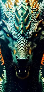 Fierce dragon artwork with vibrant teal scales and sharp features.