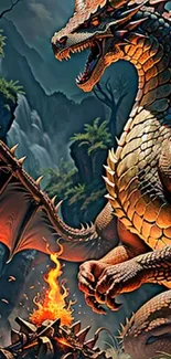 Dragon by campfire in forest wallpaper with vivid colors and fierce expression.