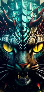 A dragon-cat hybrid with sharp features and vibrant colors on a wallpaper.