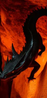 Black dragon in fiery orange cave setting, mobile wallpaper.