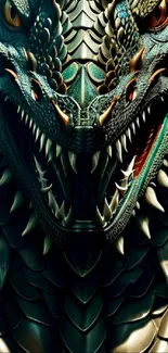 Close-up of a fierce dragon with detailed scales and fiery eyes.