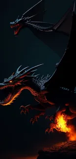 Fierce dragons with fiery breath against a dark backdrop.