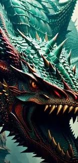 A fierce dragon with green scales and sharp teeth in a fantasy illustration.