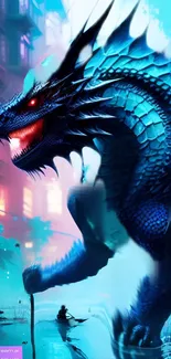 Vibrant blue dragon in fantasy setting with fiery accents.