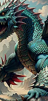 Epic teal-scaled dragon in fantasy landscape with dramatic cliffs.