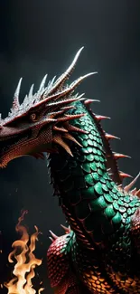 Fierce green and red dragon with fire on a dark background.