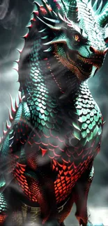 Fierce teal and red dragon with smoky background wallpaper.