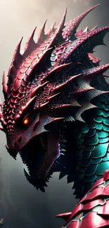 Fierce dragon with vibrant teal and red scales on a dark background.