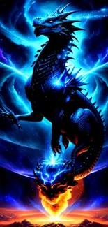 Fierce dragon with glowing blue aura on fantasy wallpaper.