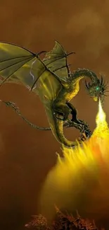 Dragon breathing fire in fantasy art wallpaper.