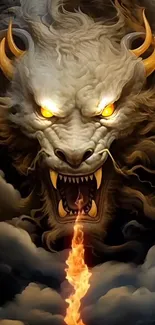 Fierce dragon breathing fire amidst swirling clouds.